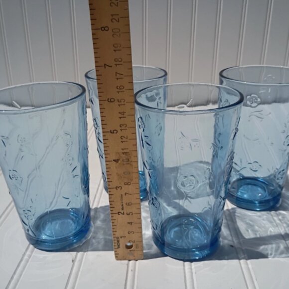 Anchor Hocking Savannah Tumblers Blue Drinking Glasses Etched Flowers SET OF 4 - Picture 8 of 15